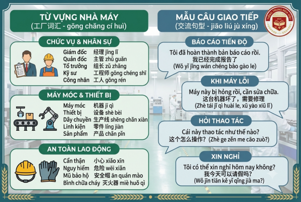 Tiếng Trung trong nhà máy: Từ vựng, mẫu câu giao tiếp thực tế cho người đi làm